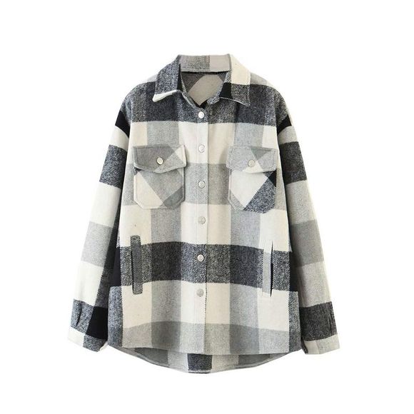 Yuemengxuan Tops - Yuemengxuan Womens Plaid Button Down Long Sleeve Shacket Jacket  (Grey, M) Size